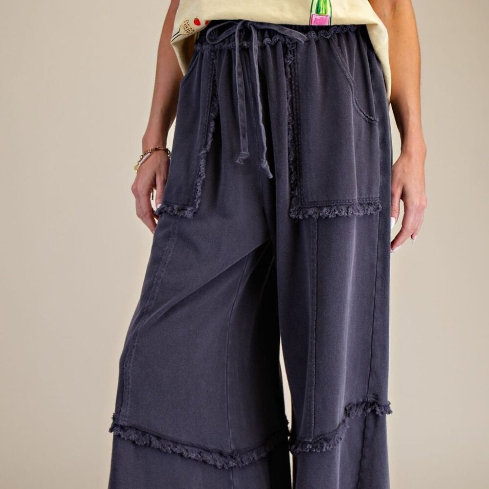 E17 Easel Wide Leg Mineral Washed Black Terry Pants Patch Pockets Frayed Hem - Picture 2 of 6
